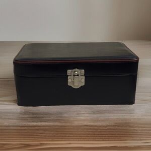 Vintage Black Faux Leather Velvet Lined Jewelry Storage Box Red Trim Travel Case